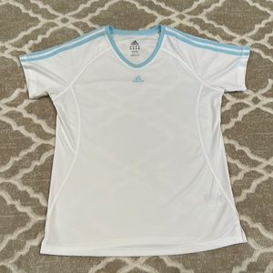 Adidas white and aqua v-neck polyester shirt. Size M. Worn a couple of times.